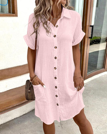 Turn down Collar Short Sleeve Dress Casual Button Dress with Pocket